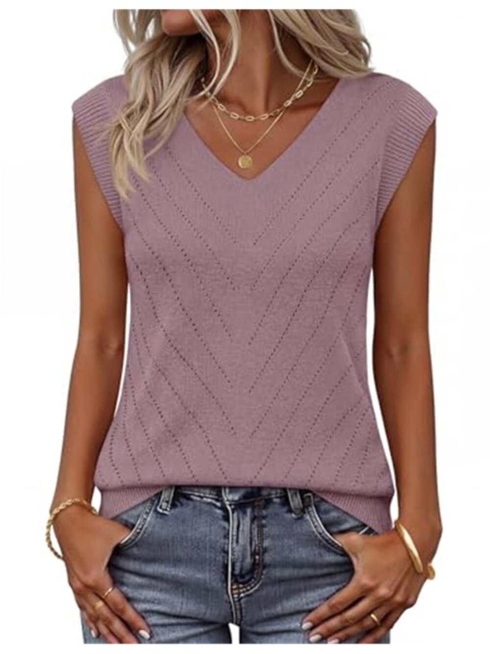 Knit Tank Top Women S Gray Purple V Neck Eyelet Pointelle Sweater Vest